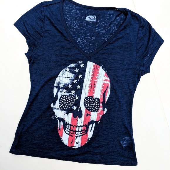 Red White & Blue Patriotic Skull T Shirt Burnout - Picture 7 of 8